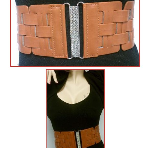 Fashion Horizontally & Vertically Design Red Elastic Waist Brown Belt Size S M - Picture 4 of 4